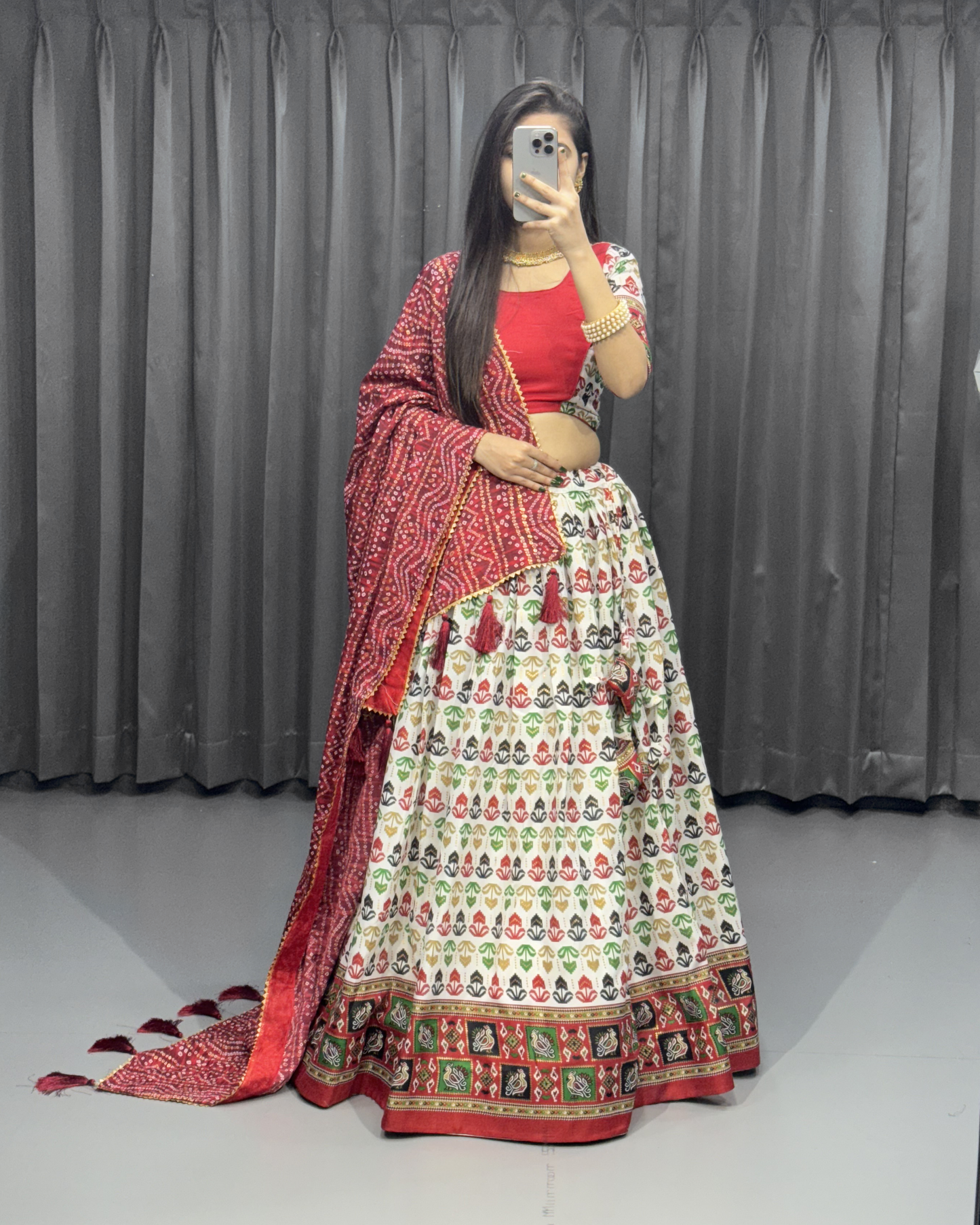 Women’s Cotton Lehenga Choli Set – Foil Print, Bandhani Dupatta, Adjustable Fit