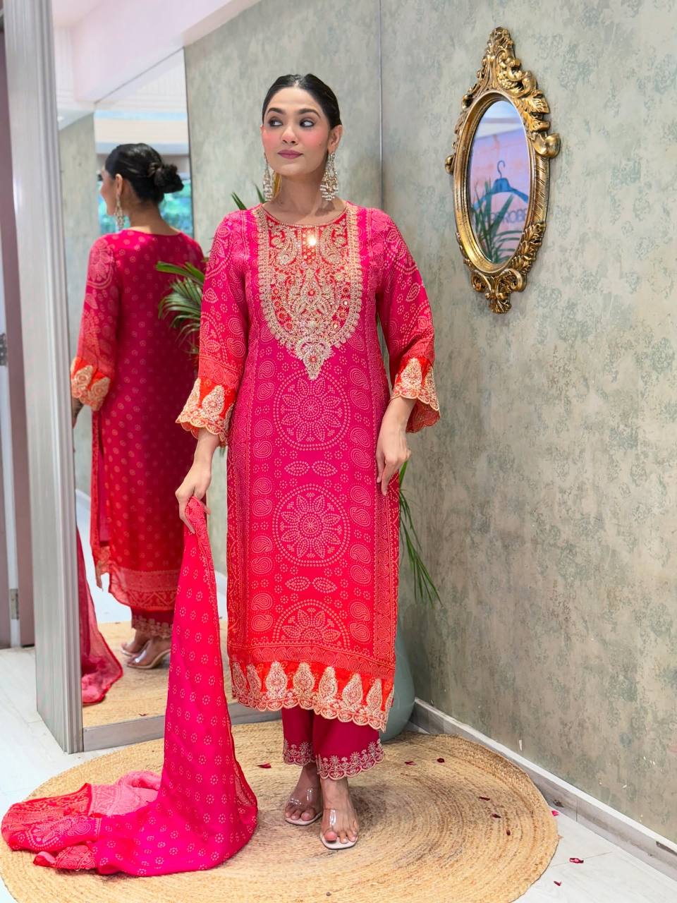 Designer Pure Natural Crepe Suit Set with Heavy Embroidery & Digital Print Dupatta | Fully Stitched Ready-to-Wear Ethnic Wear