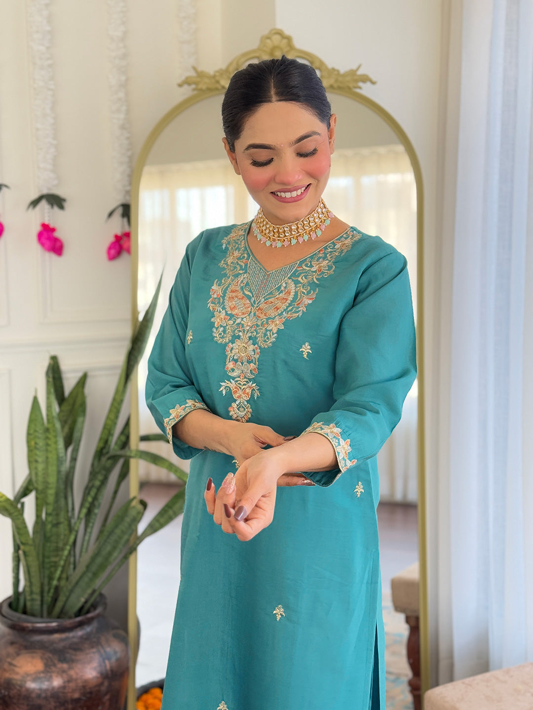 Women's Viscose Chanderi Embroidered Kurta with Pant & Nylon Jacquard Dupatta | Elegant Readymade 3-Piece Suit Set | Ethnic Wear for Festive, Semi-Formal & Daily Occasions