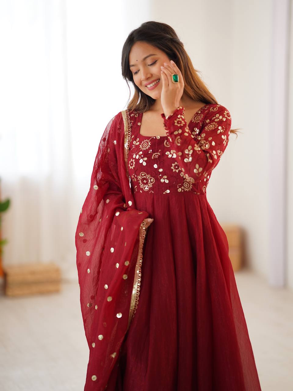 Premium Women’s Ethnic Wear Crunchy Silk Gown Set with Embroidered Dupatta & Matching Pant