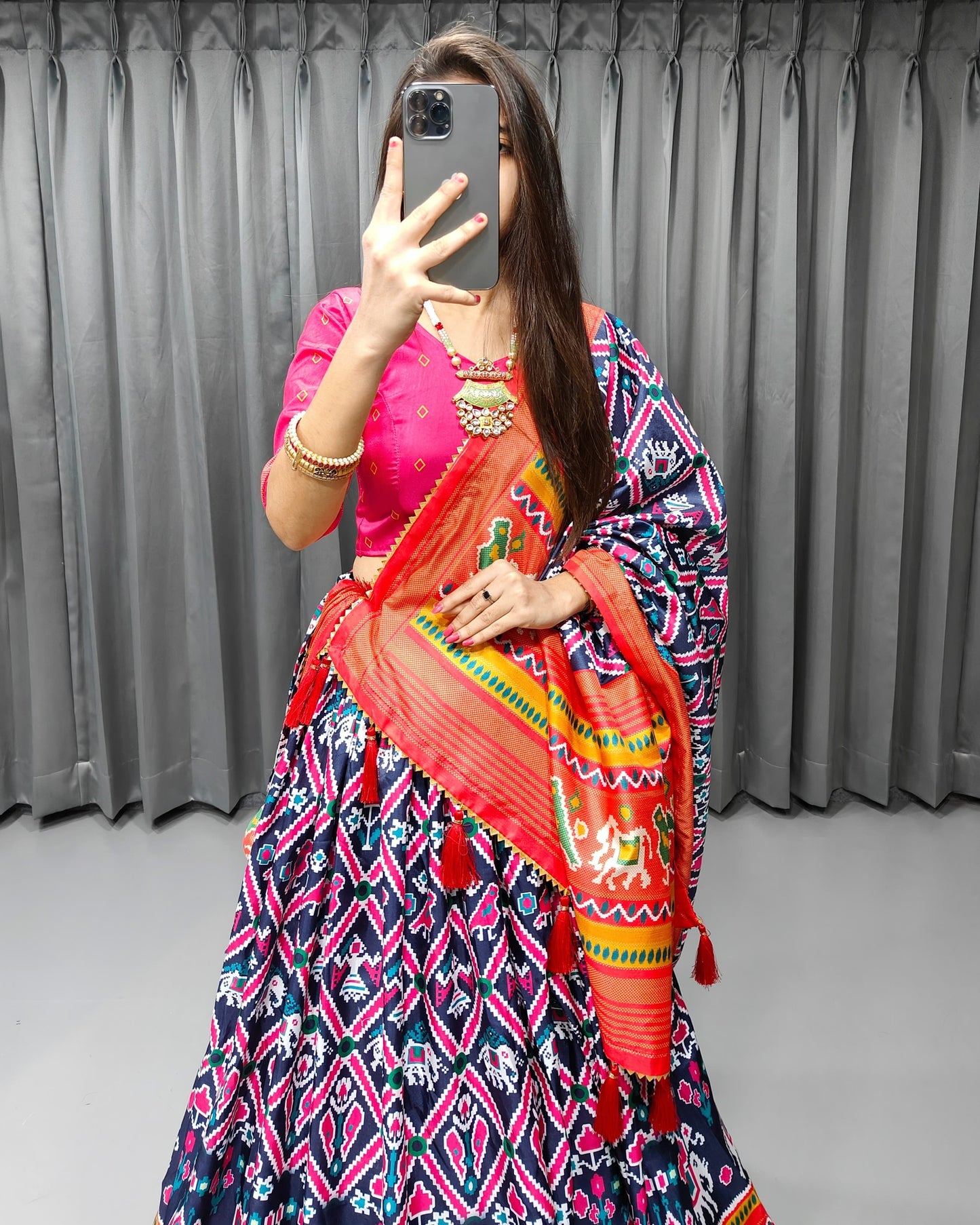Stitched Tussar Silk Lehenga Choli Set – Printed Design with Fancy Tassels & Lace Dupatta