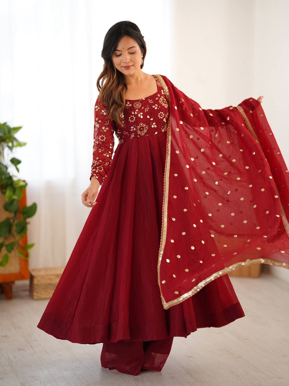 Premium Women’s Ethnic Wear Crunchy Silk Gown Set with Embroidered Dupatta & Matching Pant