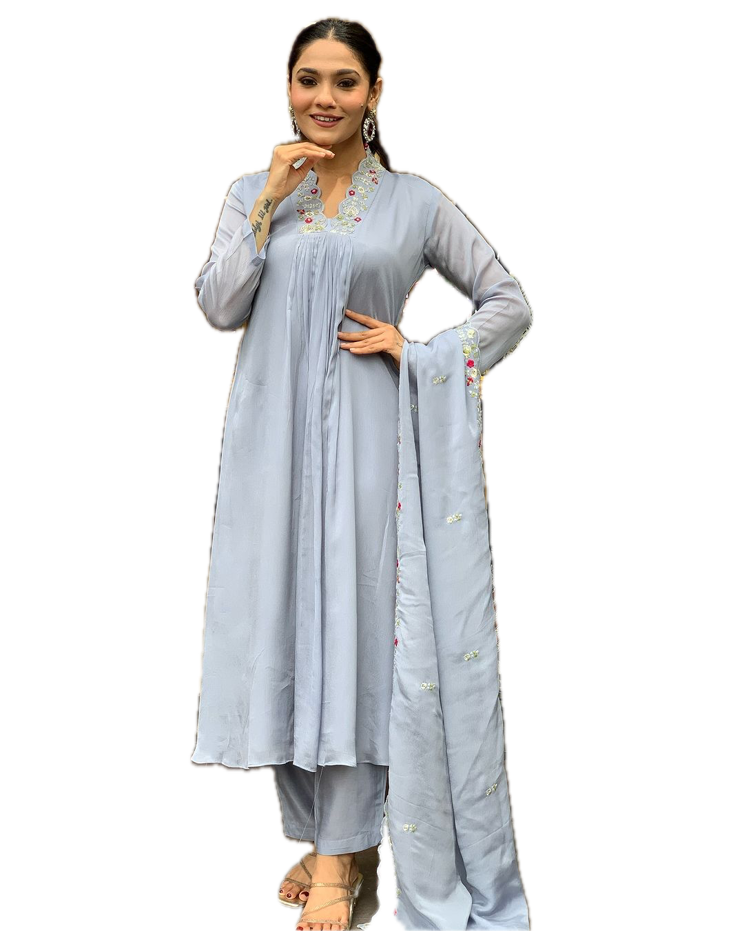 Elegant Viscose Chinnon Embroidered Suit Set – Kurti, Pant & Dupatta