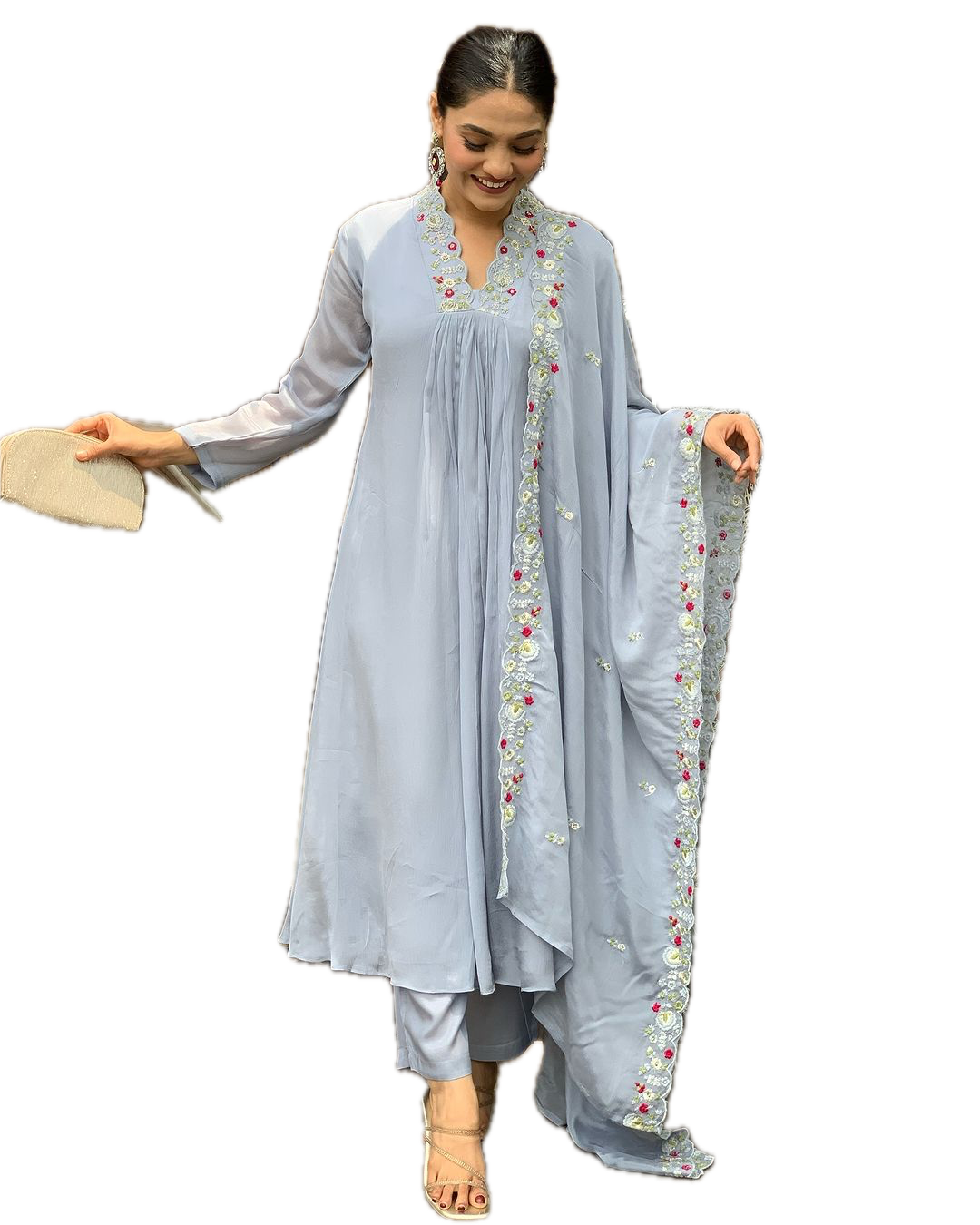 Elegant Viscose Chinnon Embroidered Suit Set – Kurti, Pant & Dupatta