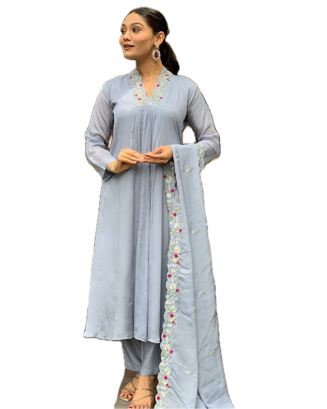 Elegant Viscose Chinnon Embroidered Suit Set – Kurti, Pant & Dupatta