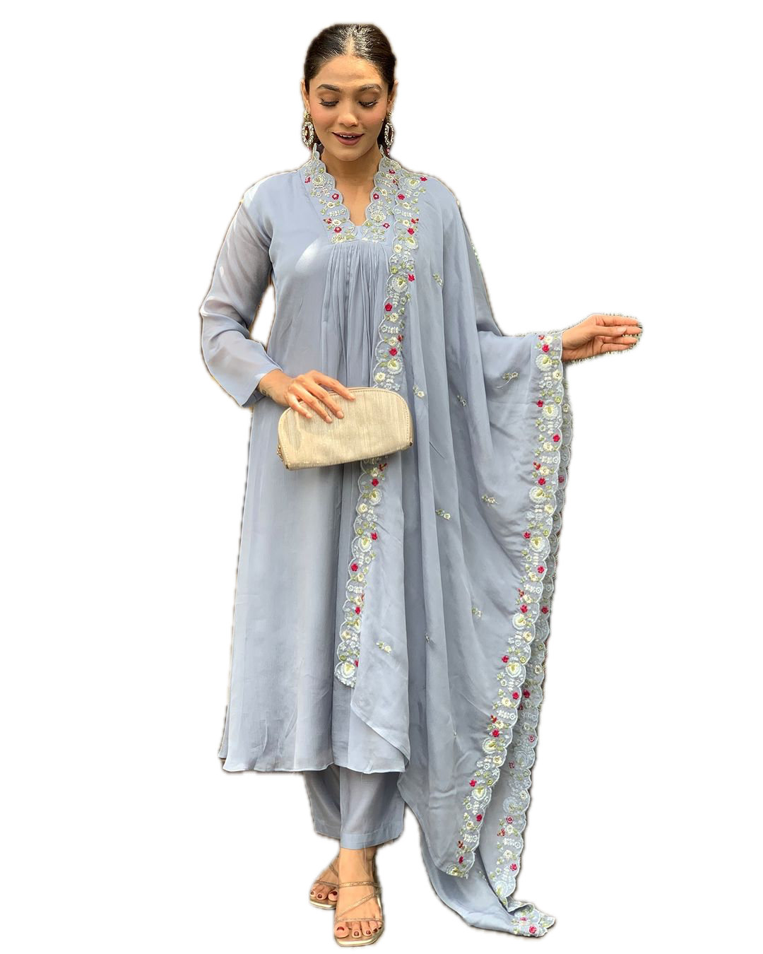 Elegant Viscose Chinnon Embroidered Suit Set – Kurti, Pant & Dupatta
