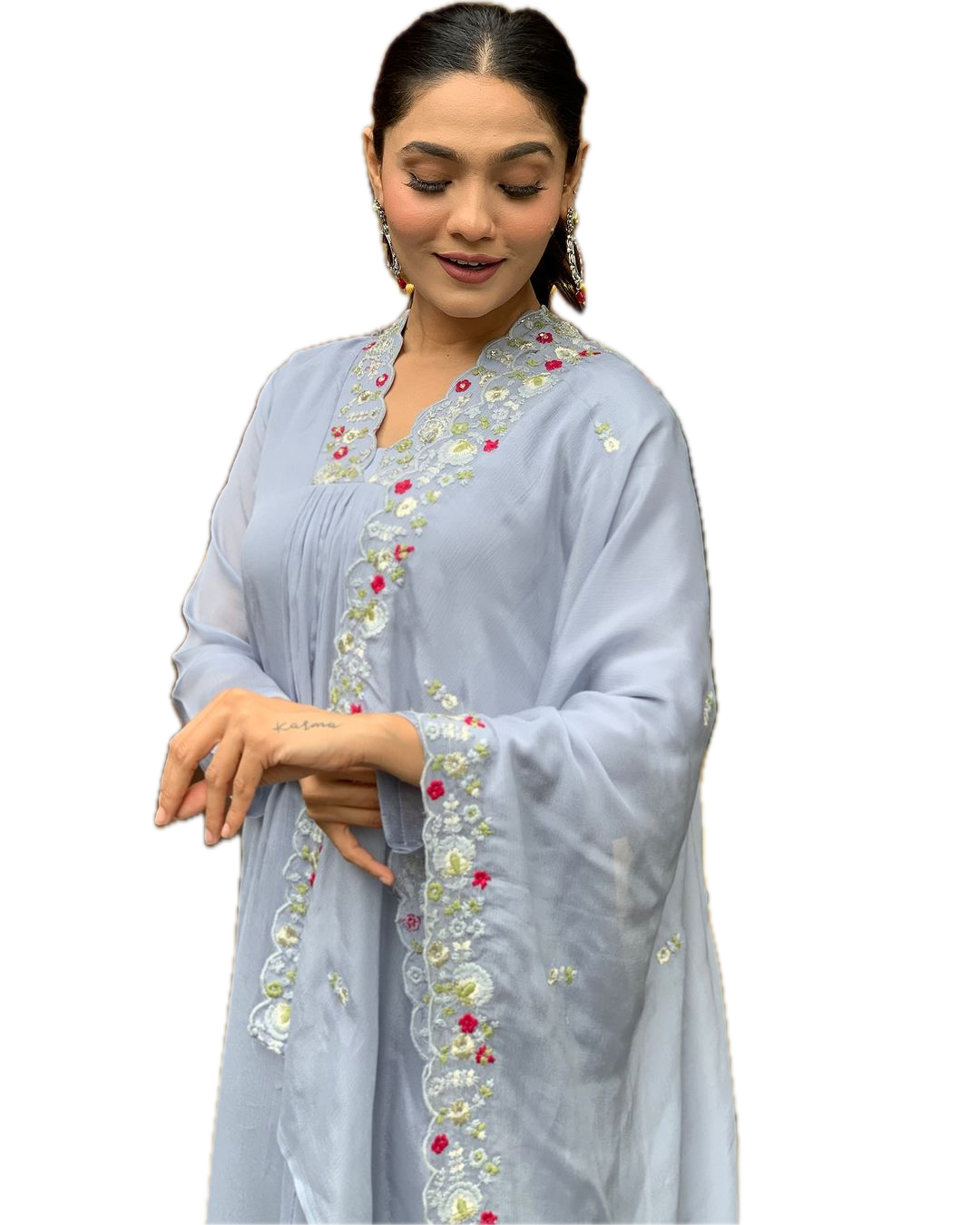 Elegant Viscose Chinnon Embroidered Suit Set – Kurti, Pant & Dupatta