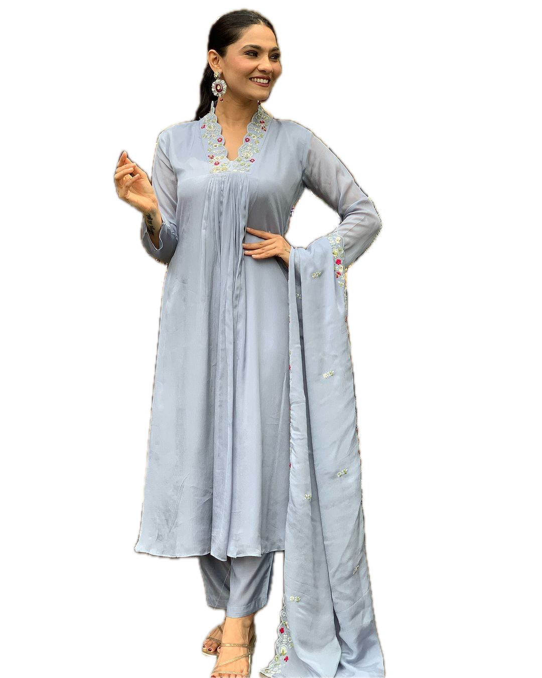 Elegant Viscose Chinnon Embroidered Suit Set – Kurti, Pant & Dupatta