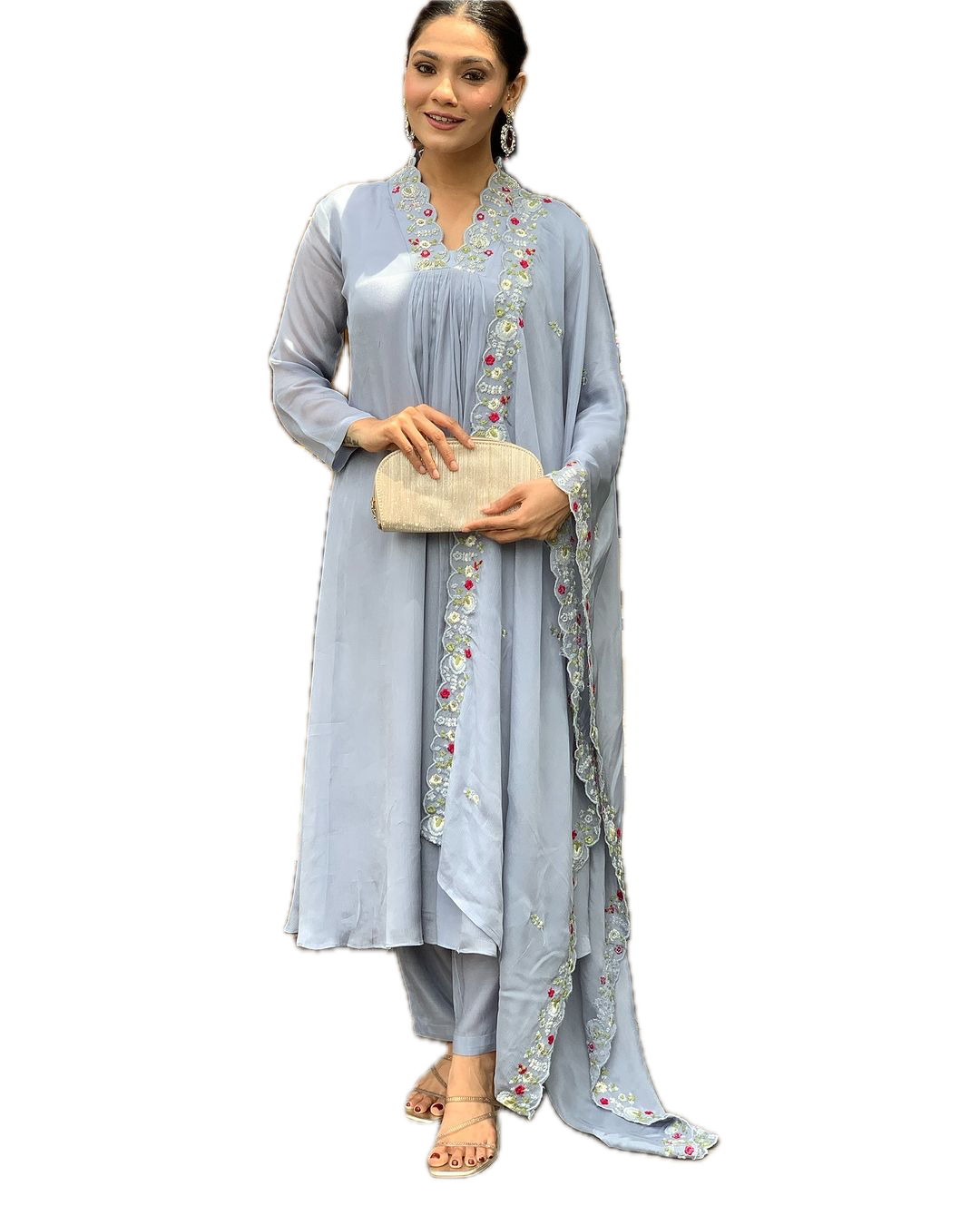 Elegant Viscose Chinnon Embroidered Suit Set – Kurti, Pant & Dupatta