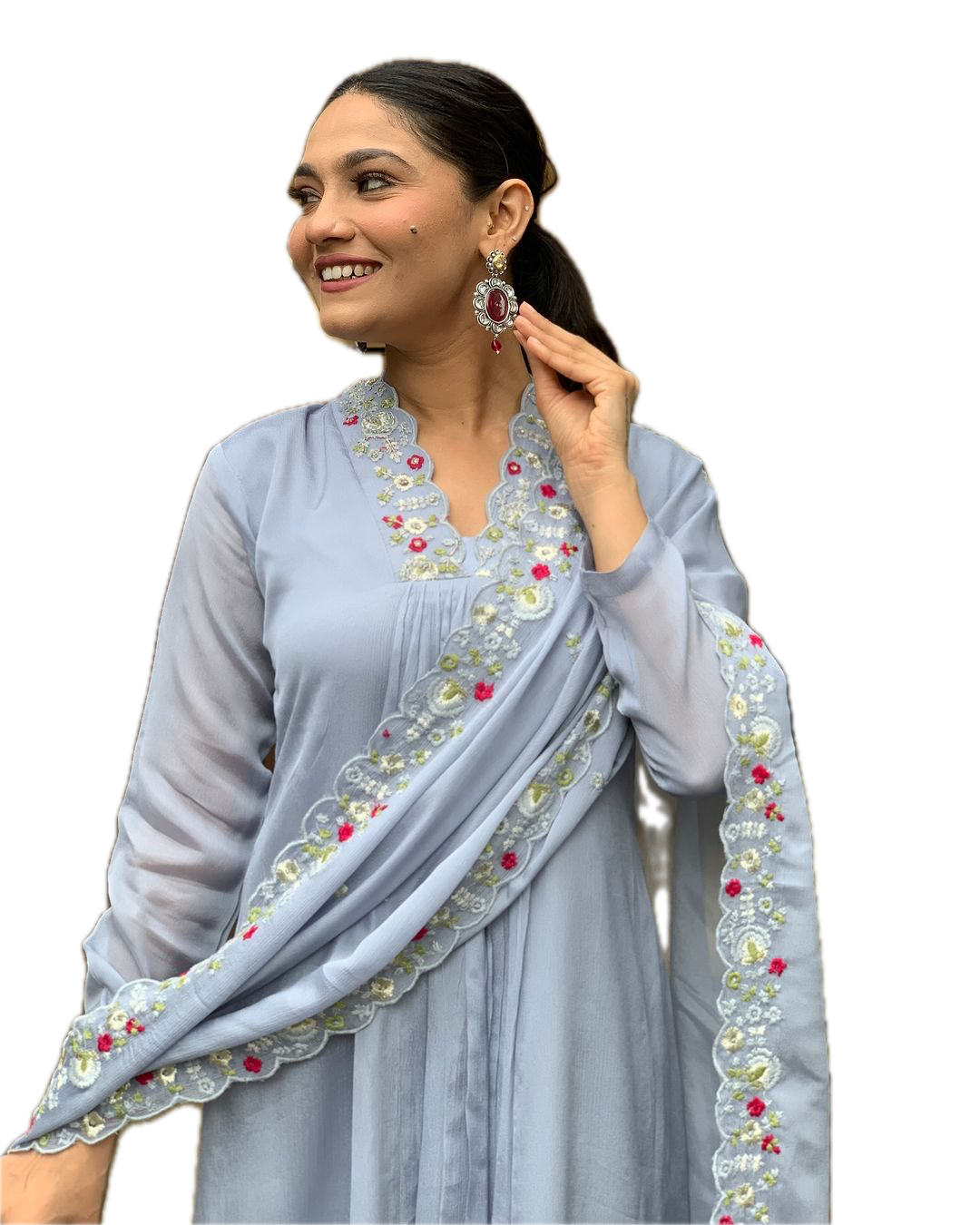Elegant Viscose Chinnon Embroidered Suit Set – Kurti, Pant & Dupatta
