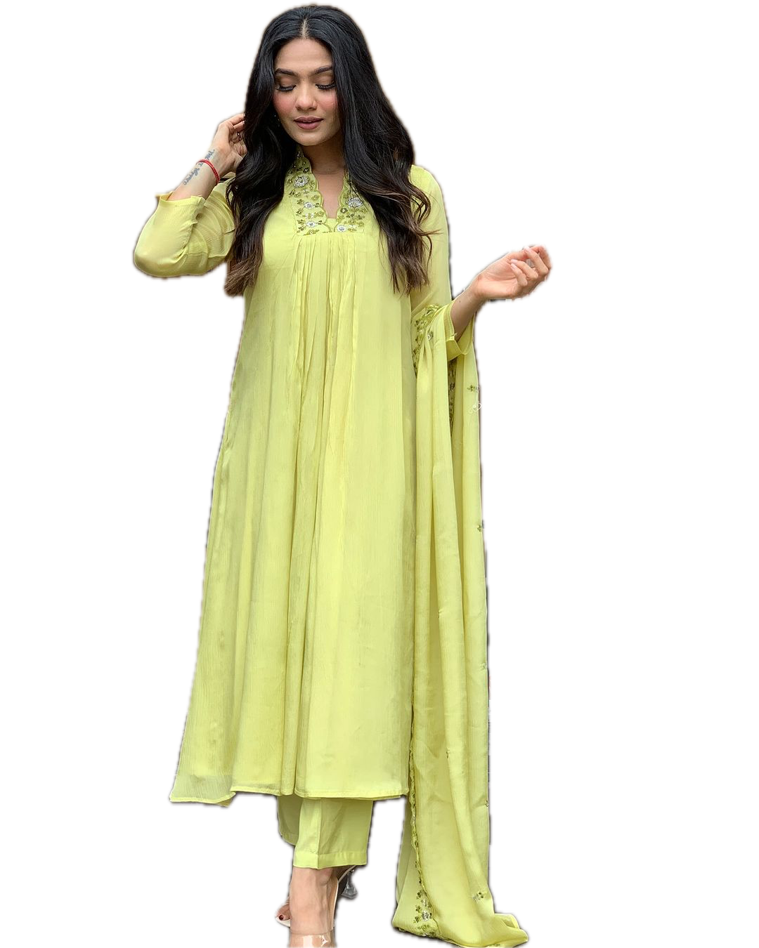 Elegant Viscose Chinnon Embroidered Suit Set – Kurti, Pant & Dupatta