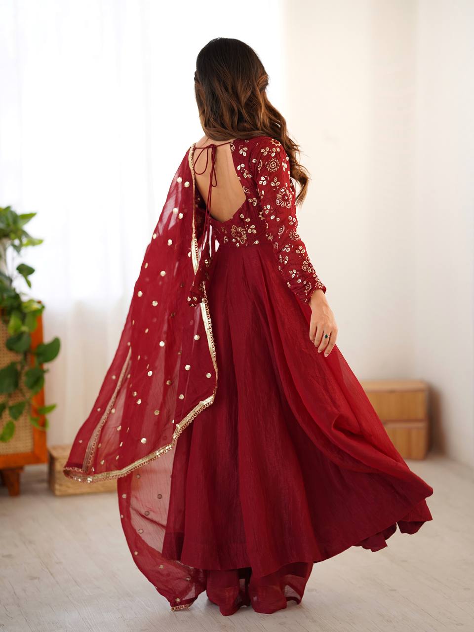 Premium Women’s Ethnic Wear Crunchy Silk Gown Set with Embroidered Dupatta & Matching Pant