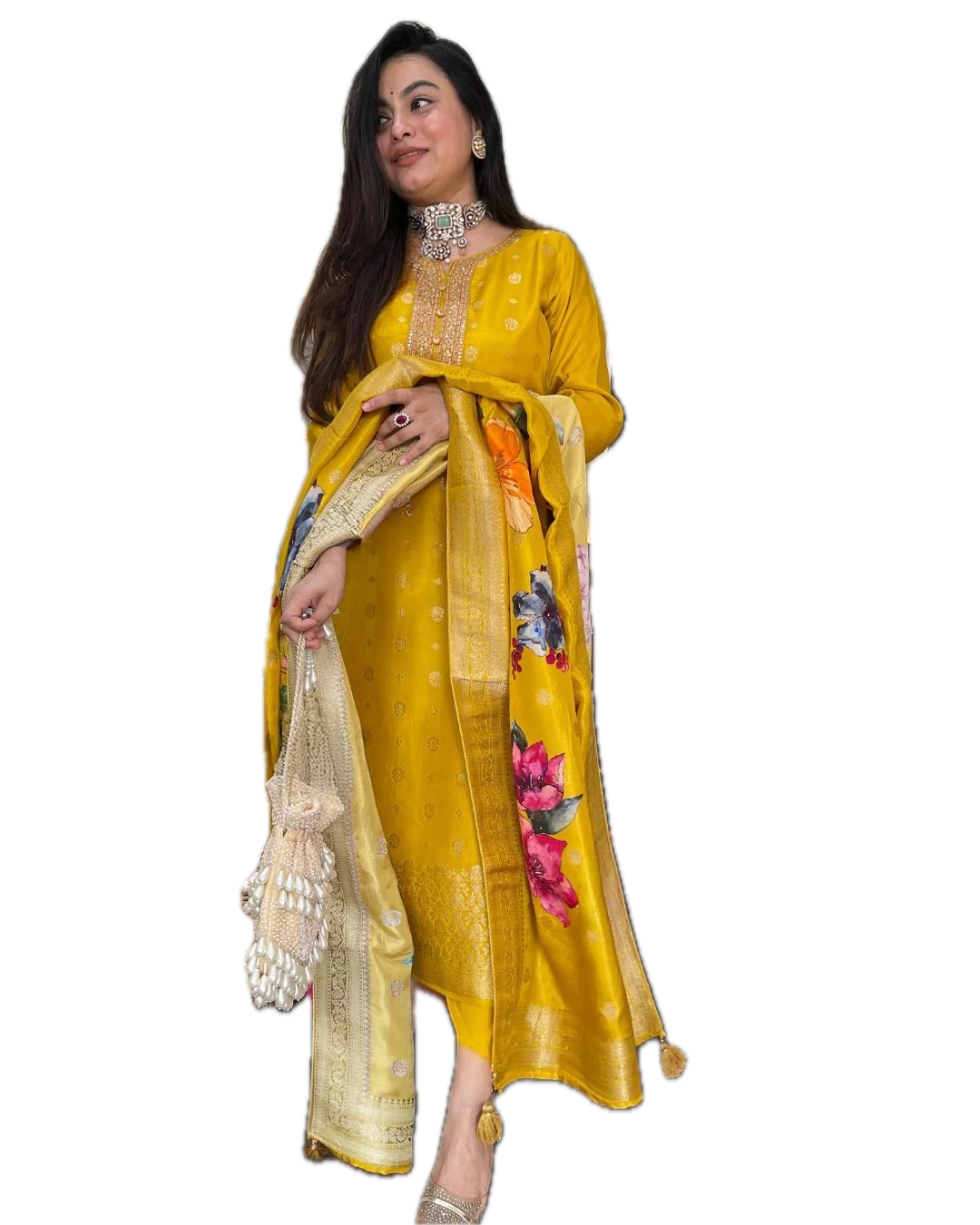 Women's Viscose Organza Jacquard Embroidered Kurta with Viscose Pant & Heavy Printed Jacquard Dupatta