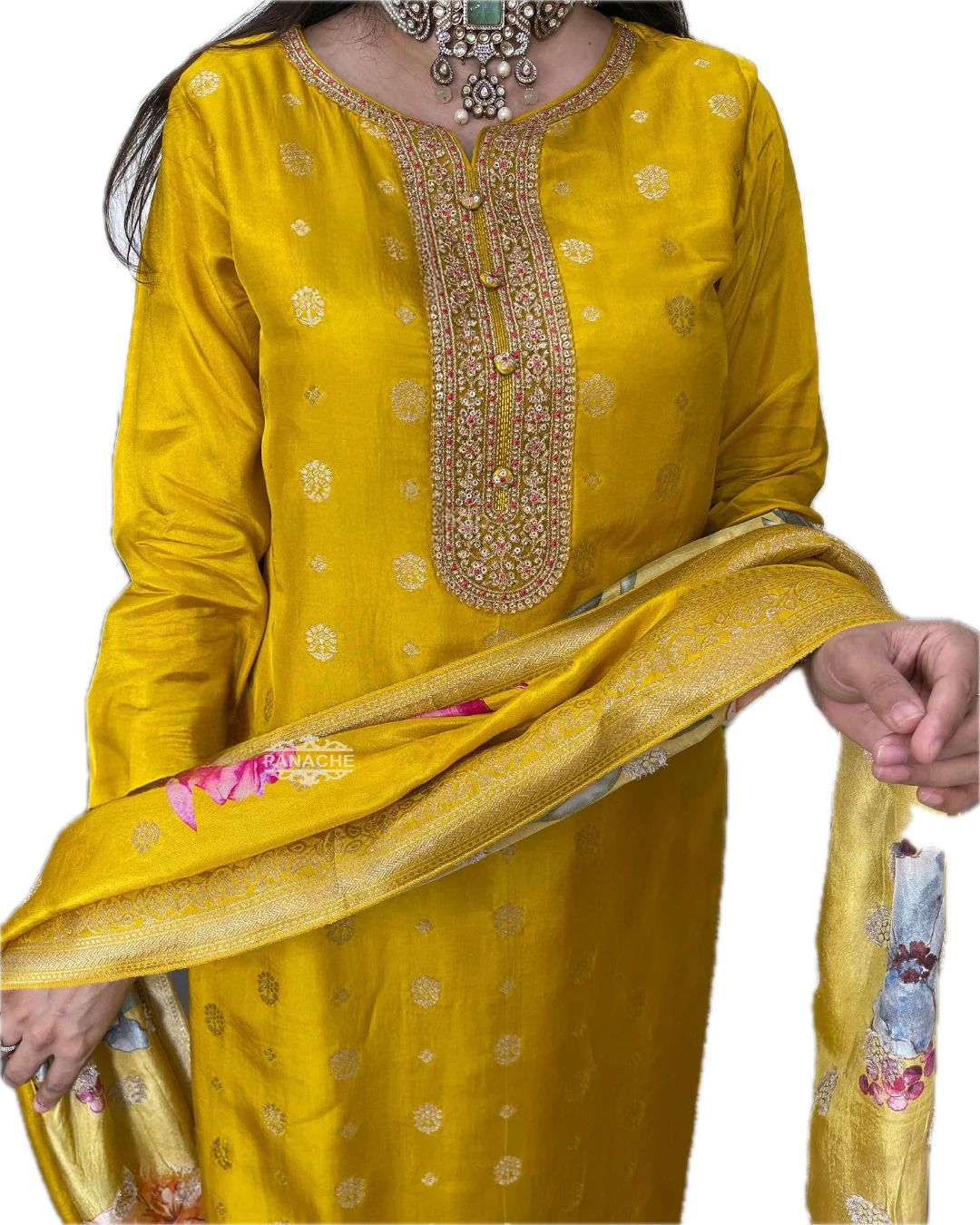 Women's Viscose Organza Jacquard Embroidered Kurta with Viscose Pant & Heavy Printed Jacquard Dupatta