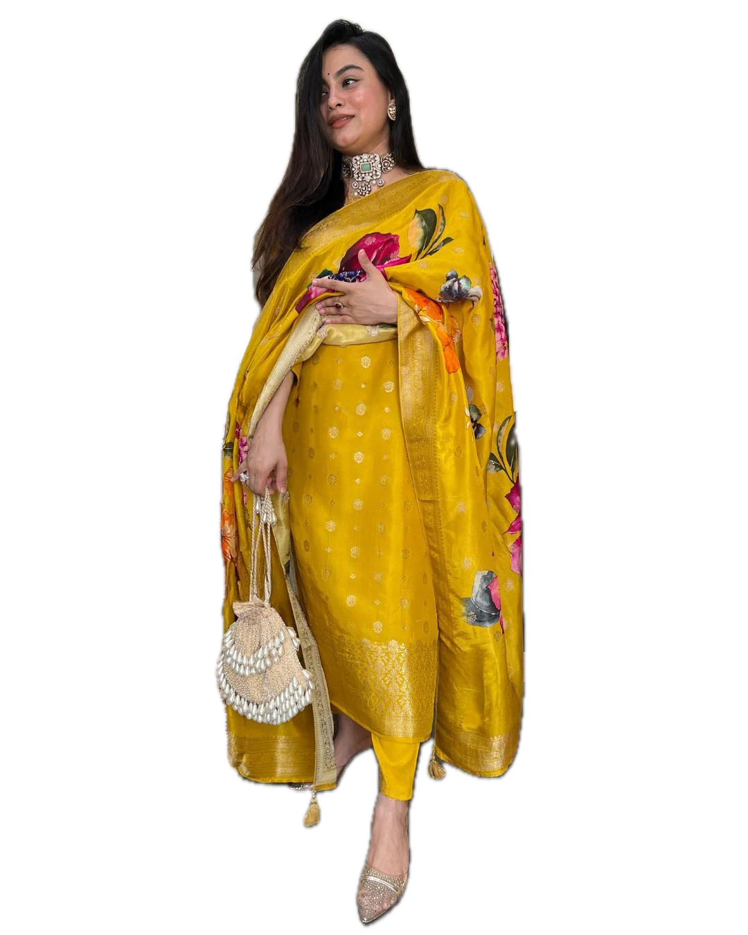 Women's Viscose Organza Jacquard Embroidered Kurta with Viscose Pant & Heavy Printed Jacquard Dupatta