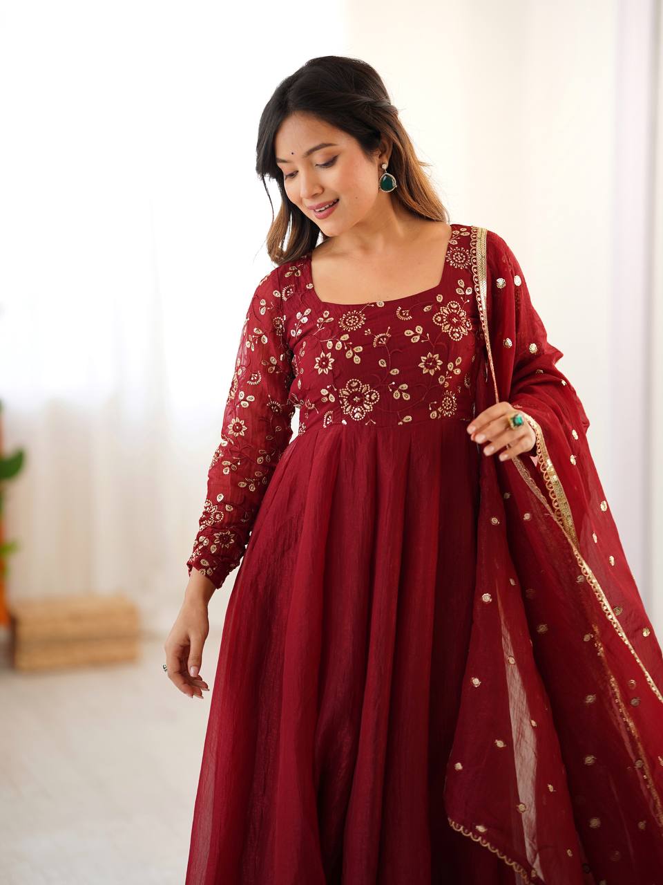 Premium Women’s Ethnic Wear Crunchy Silk Gown Set with Embroidered Dupatta & Matching Pant