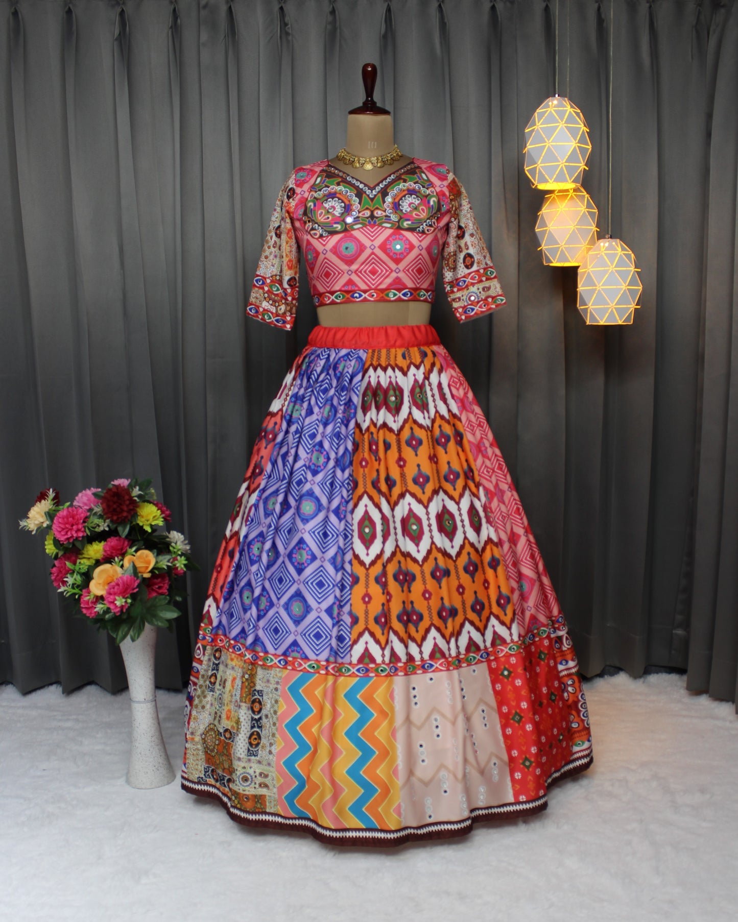 Festive Multi-Color Silk Lehenga Featuring Real Mirror Work – Navratri Special
