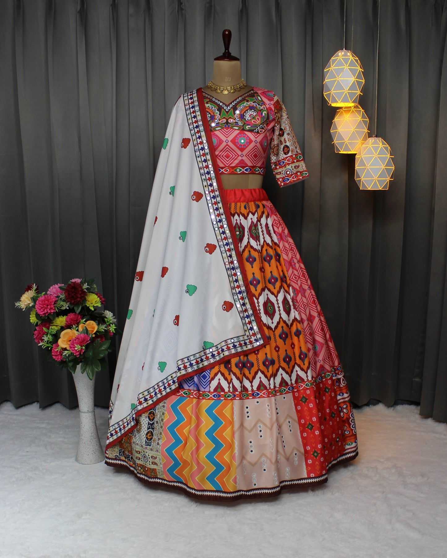Festive Multi-Color Silk Lehenga Featuring Real Mirror Work – Navratri Special