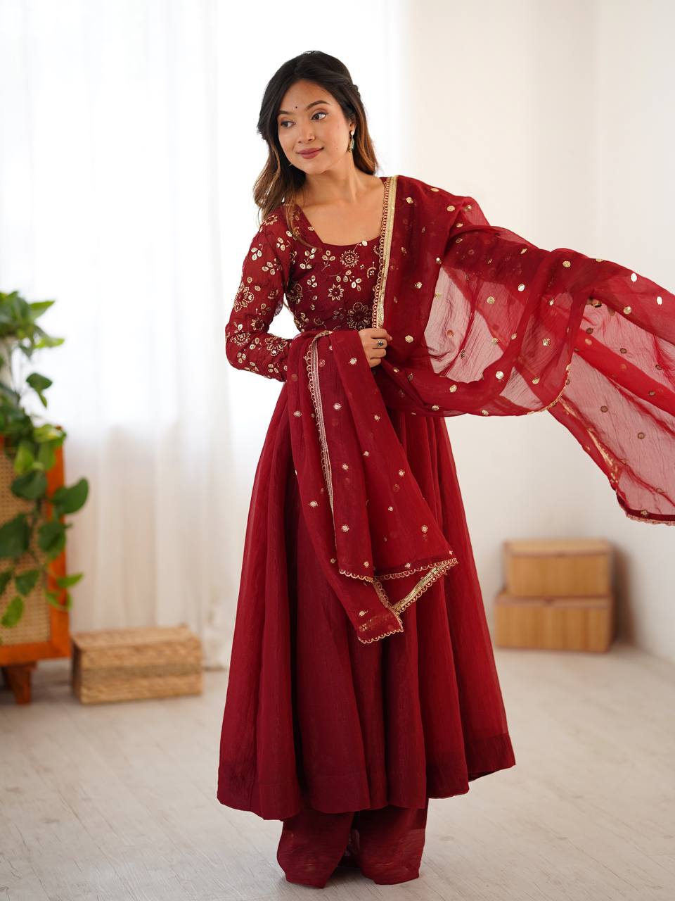 Premium Women’s Ethnic Wear Crunchy Silk Gown Set with Embroidered Dupatta & Matching Pant
