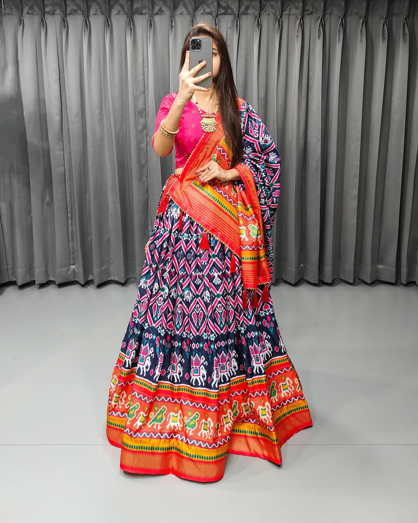 Stitched Tussar Silk Lehenga Choli Set – Printed Design with Fancy Tassels & Lace Dupatta