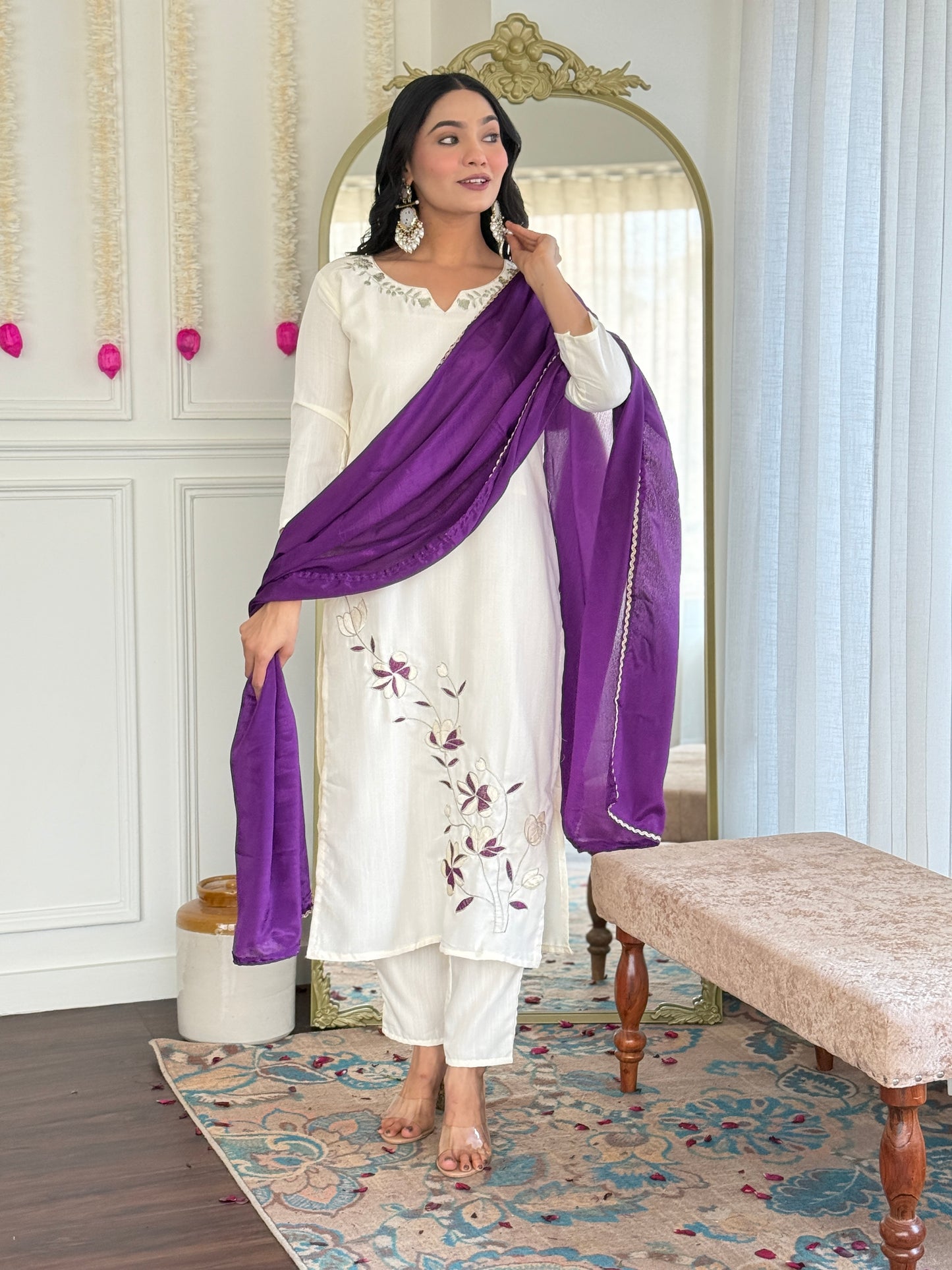 New Designer Embroidered Viscose Rayon Suit Set with Flowing Chinon Dupatta – 3-Piece Ethnic Outfit