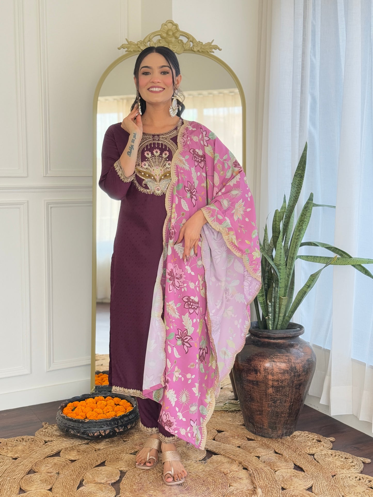 Everyday Ethnic Wear: Embroidered Rayon Suit Set with Elegant Crepe Dupatta
