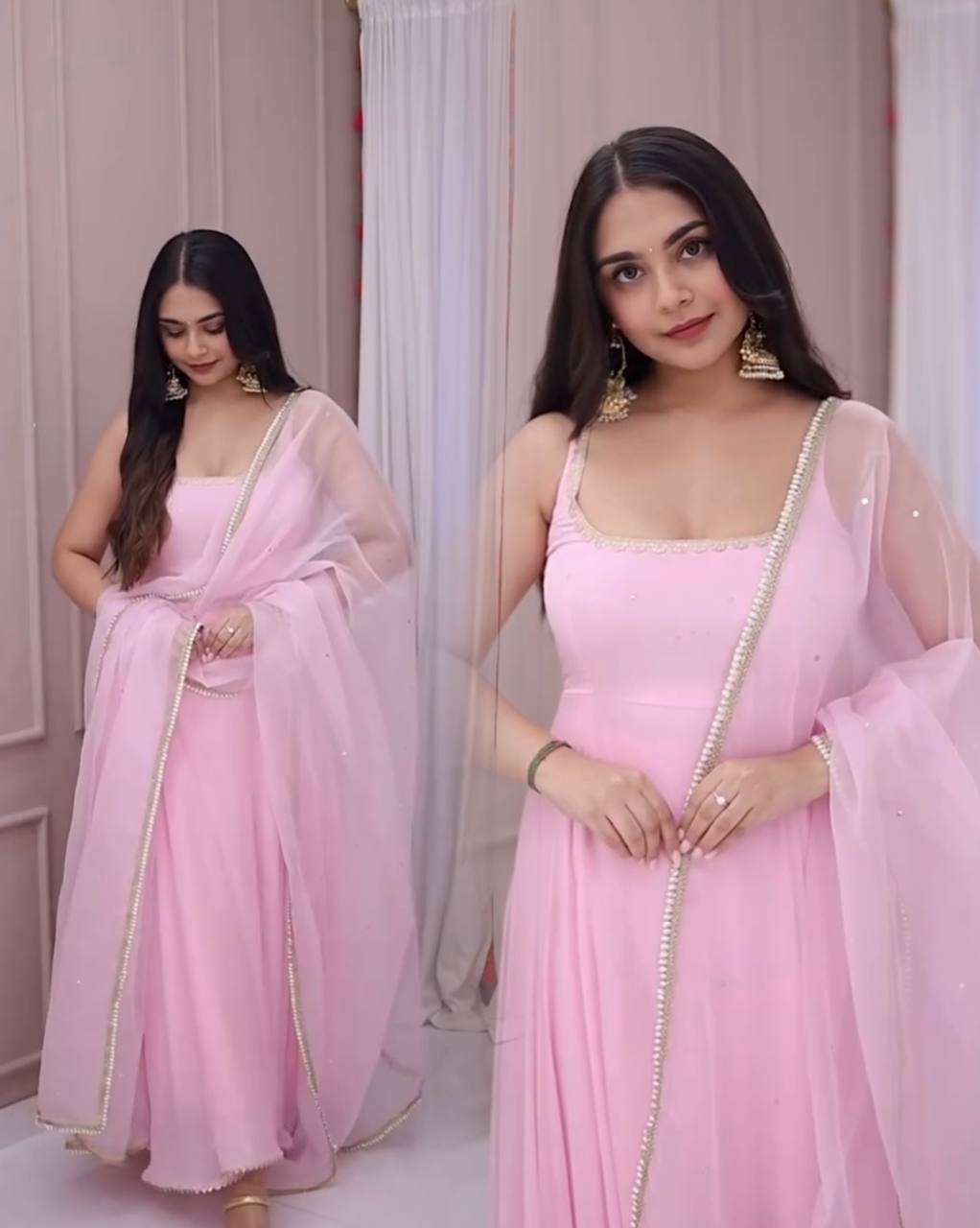 Elegant Faux Georgette Gown Set with Embroidered Dupatta & Matching Pant | Designer Fully Stitched Ethnic Wear