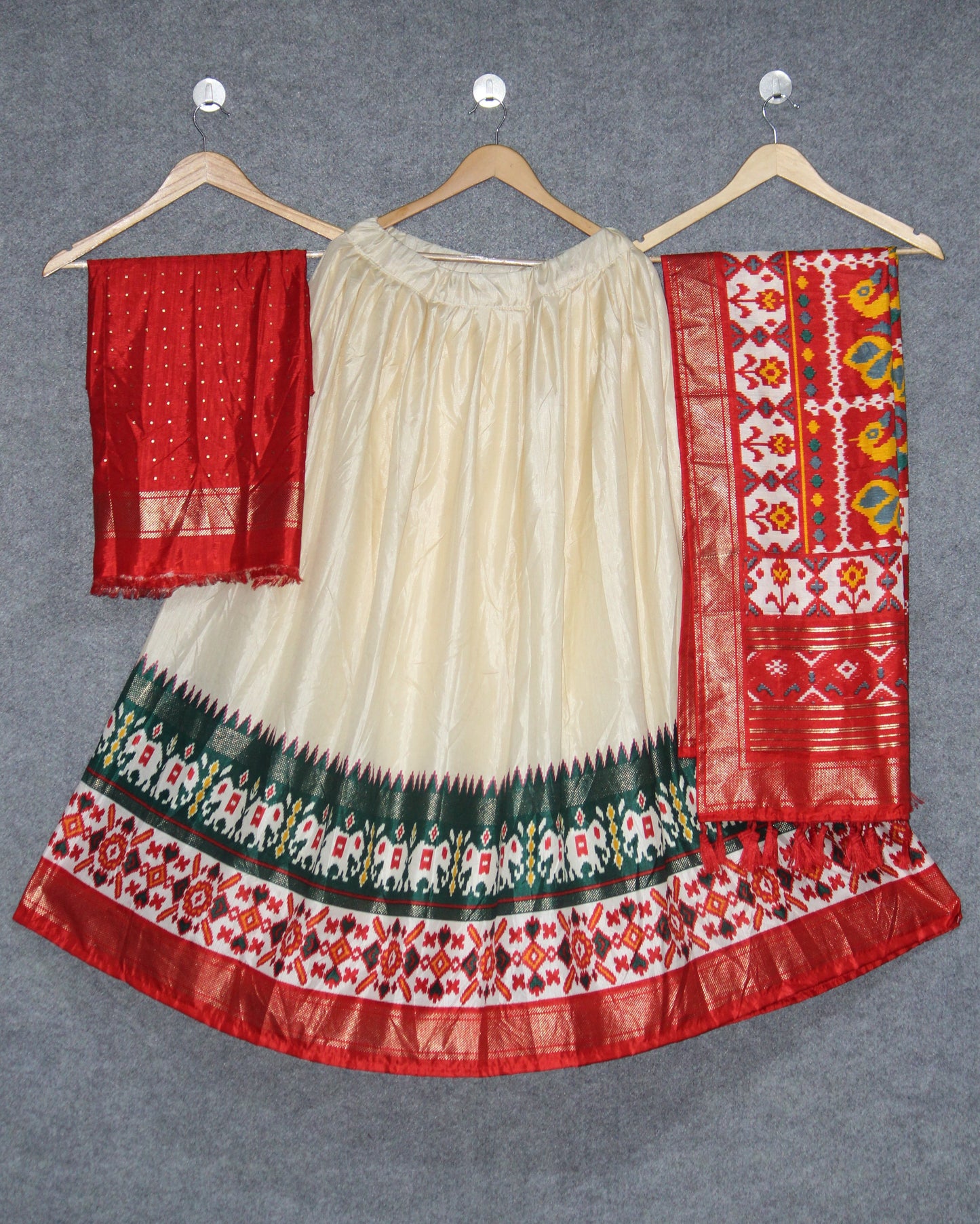 Elevate Your Navratri Look with This Printed Silk Lehenga Choli – A Masterpiece of Style & Mirror Work