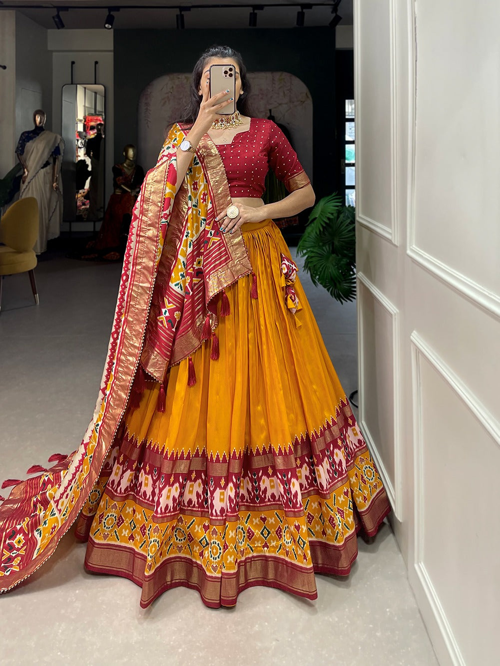 Elevate Your Navratri Look with This Printed Silk Lehenga Choli – A Masterpiece of Style & Mirror Work