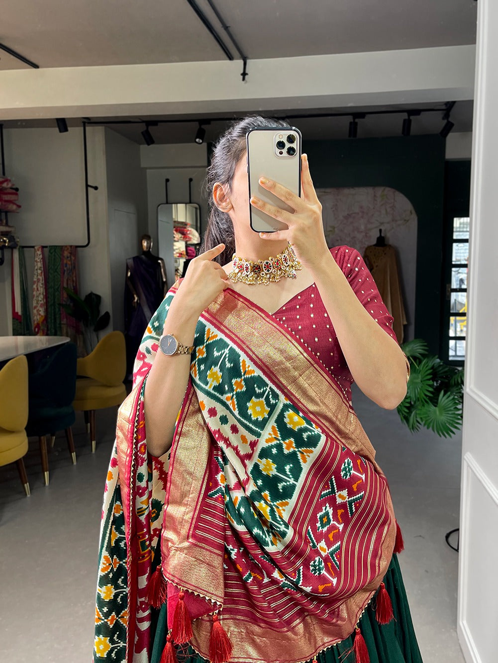 Elevate Your Navratri Look with This Printed Silk Lehenga Choli – A Masterpiece of Style & Mirror Work