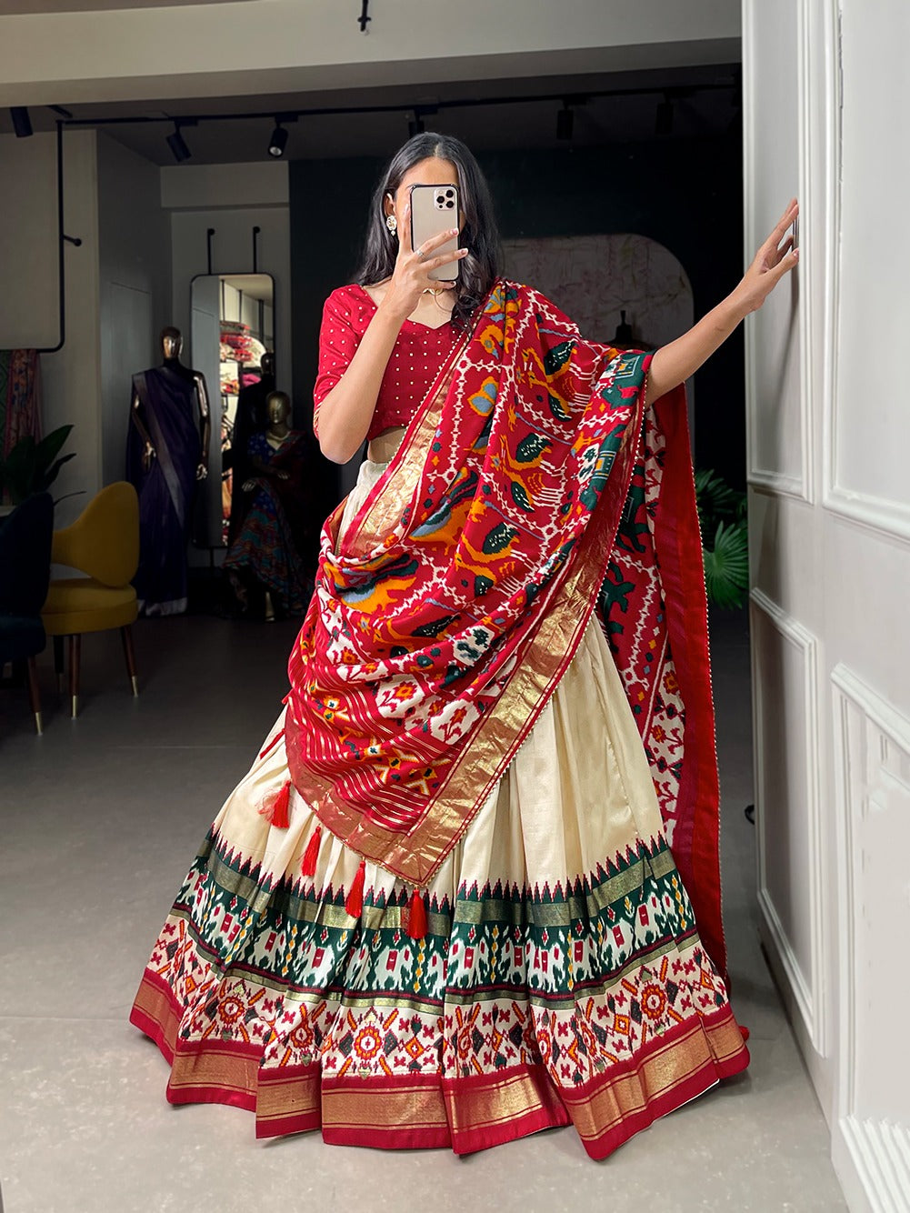 Elevate Your Navratri Look with This Printed Silk Lehenga Choli – A Masterpiece of Style & Mirror Work