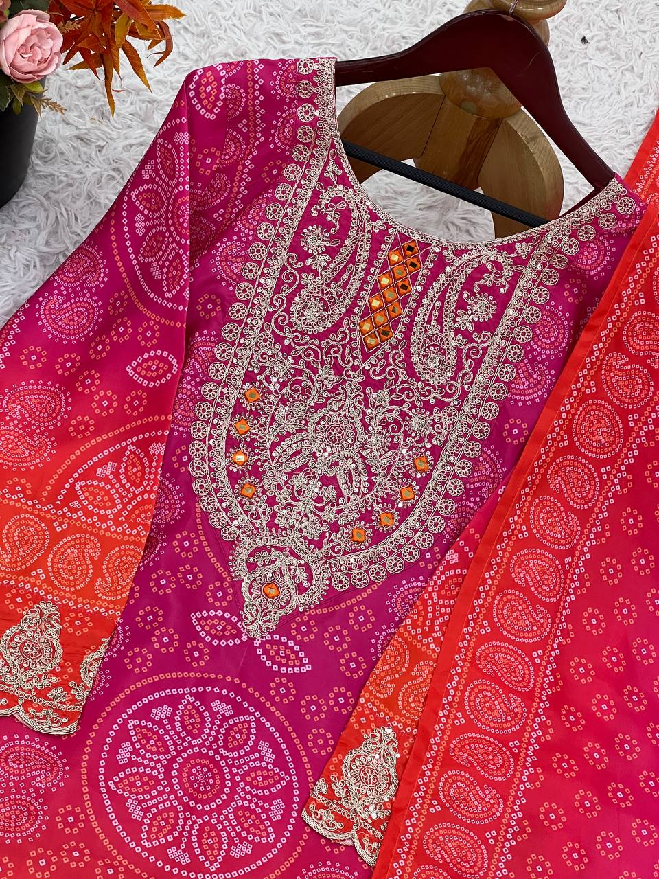 Designer Pure Natural Crepe Suit Set with Heavy Embroidery & Digital Print Dupatta | Fully Stitched Ready-to-Wear Ethnic Wear