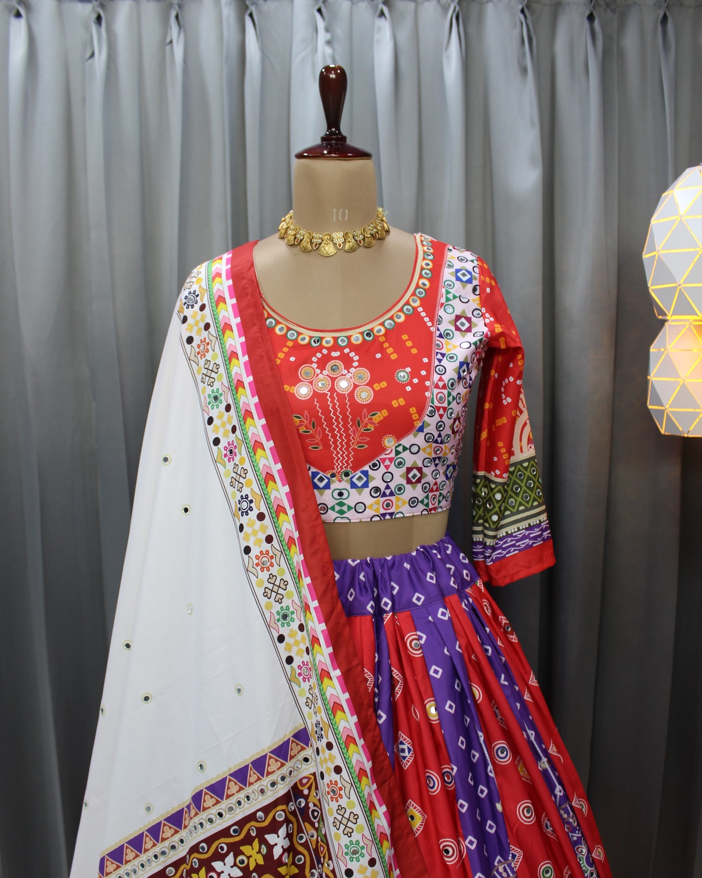 Shine Bright This Navratri in Silk Digital Print Lehenga with Mirror Work