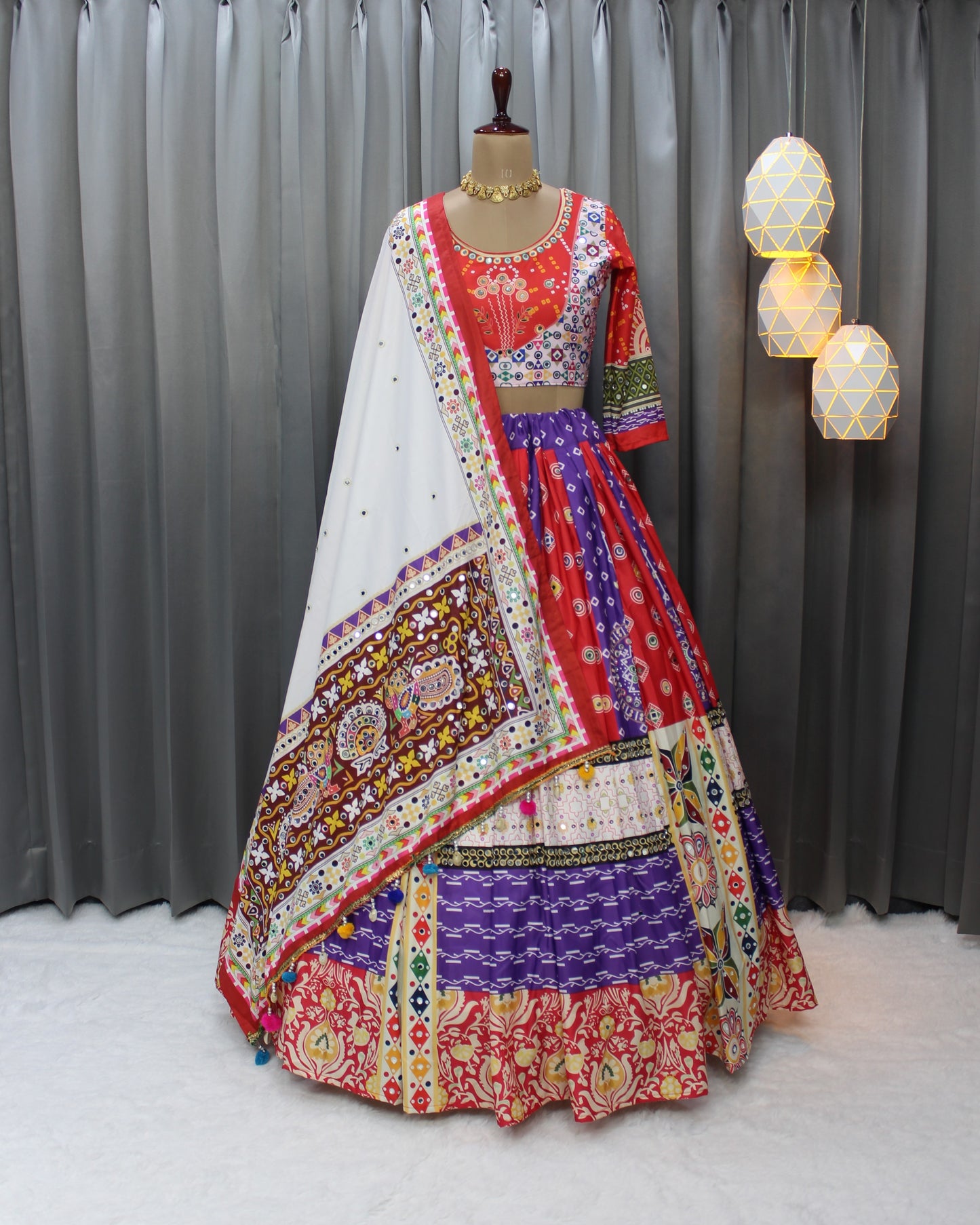 Shine Bright This Navratri in Silk Digital Print Lehenga with Mirror Work