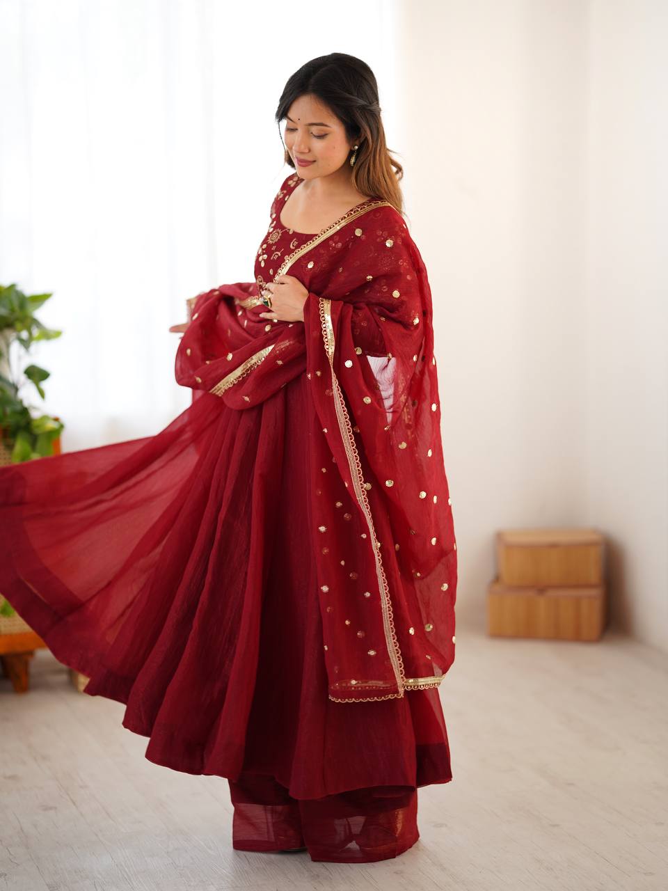 Premium Women’s Ethnic Wear Crunchy Silk Gown Set with Embroidered Dupatta & Matching Pant