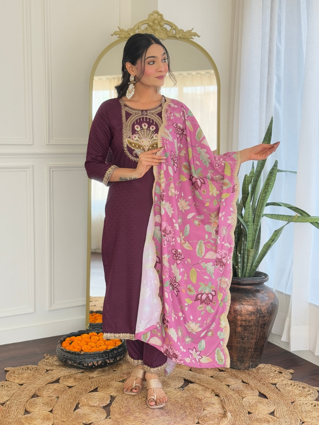 Everyday Ethnic Wear: Embroidered Rayon Suit Set with Elegant Crepe Dupatta