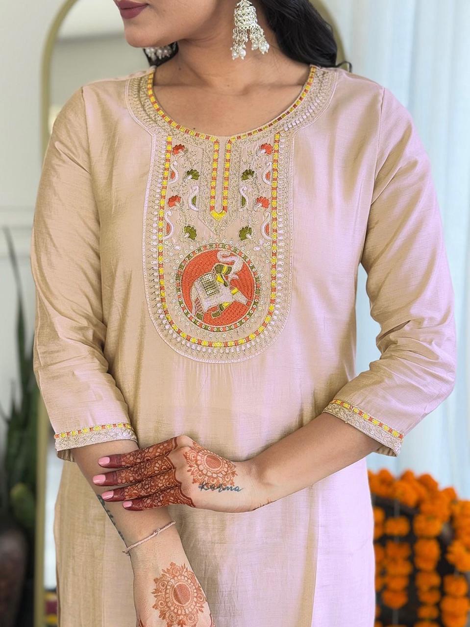 Stylish Heavy Roman Embroidered Suit with Chinon Printed Dupatta – Ready to Wear