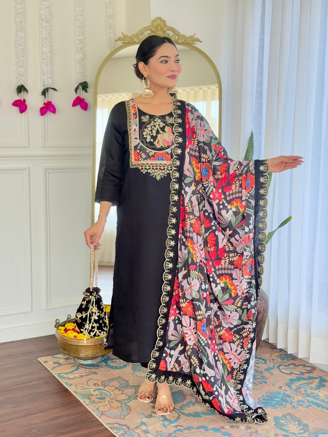 Premium Ethnic Wear Embroidered Viscose Chanderi Suit Set with Elegant Silk Dupatta – 3-Piece