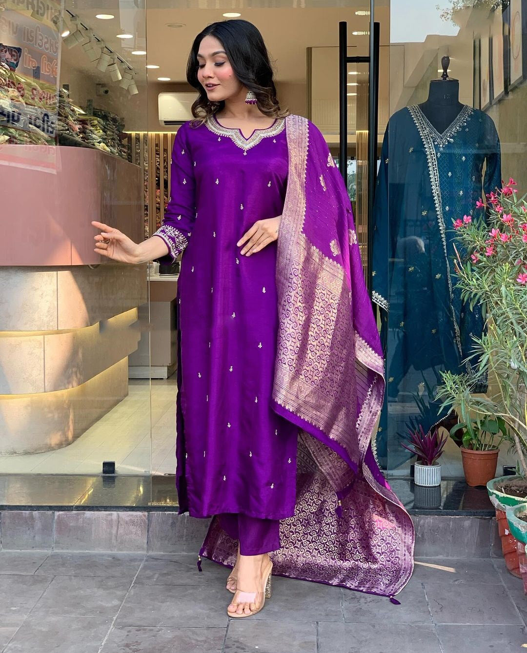 Designer Chanderi Kurti Set with Embroidery & Jacquard Dupatta