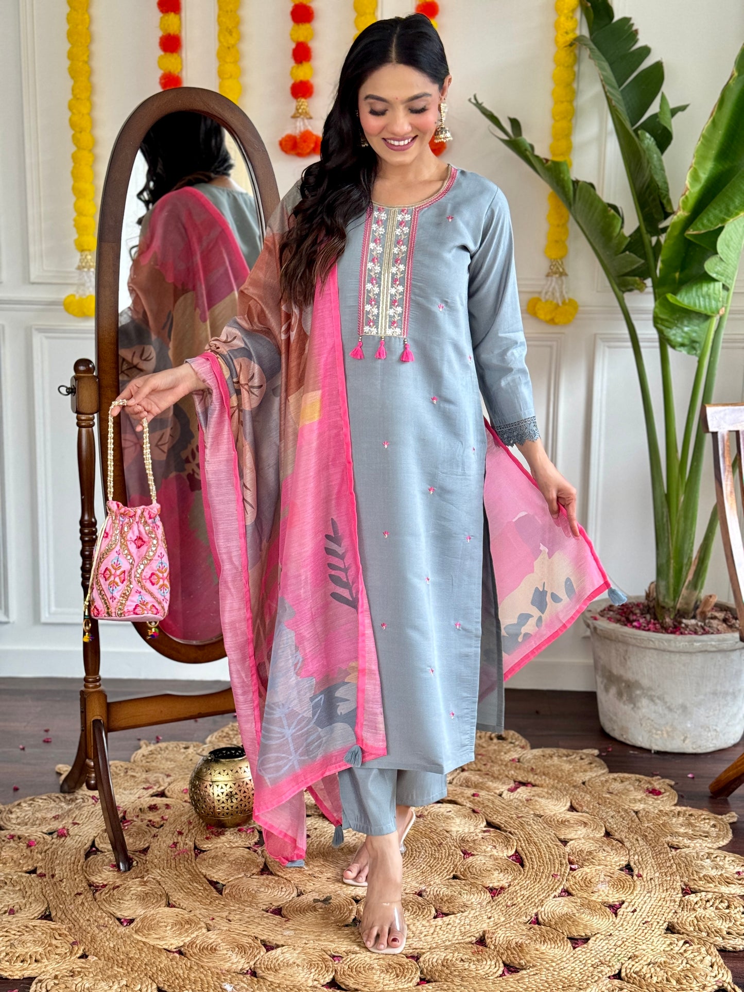 Festive Ready Embroidered Chanderi Suit with Lightweight Linen Dupatta