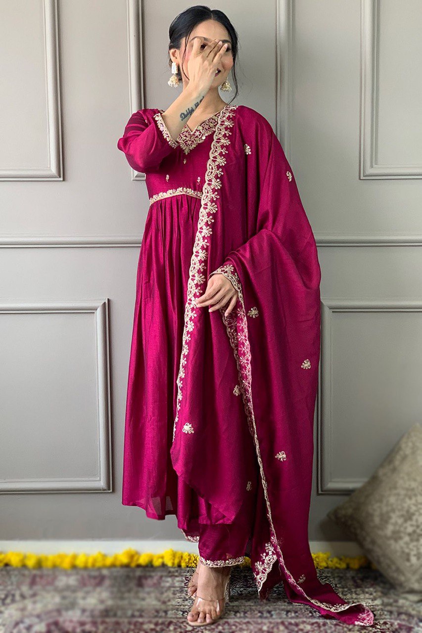 Elegant Vichitra Silk Embroidered Suit Set with Matching Dupatta – Ready to Wear