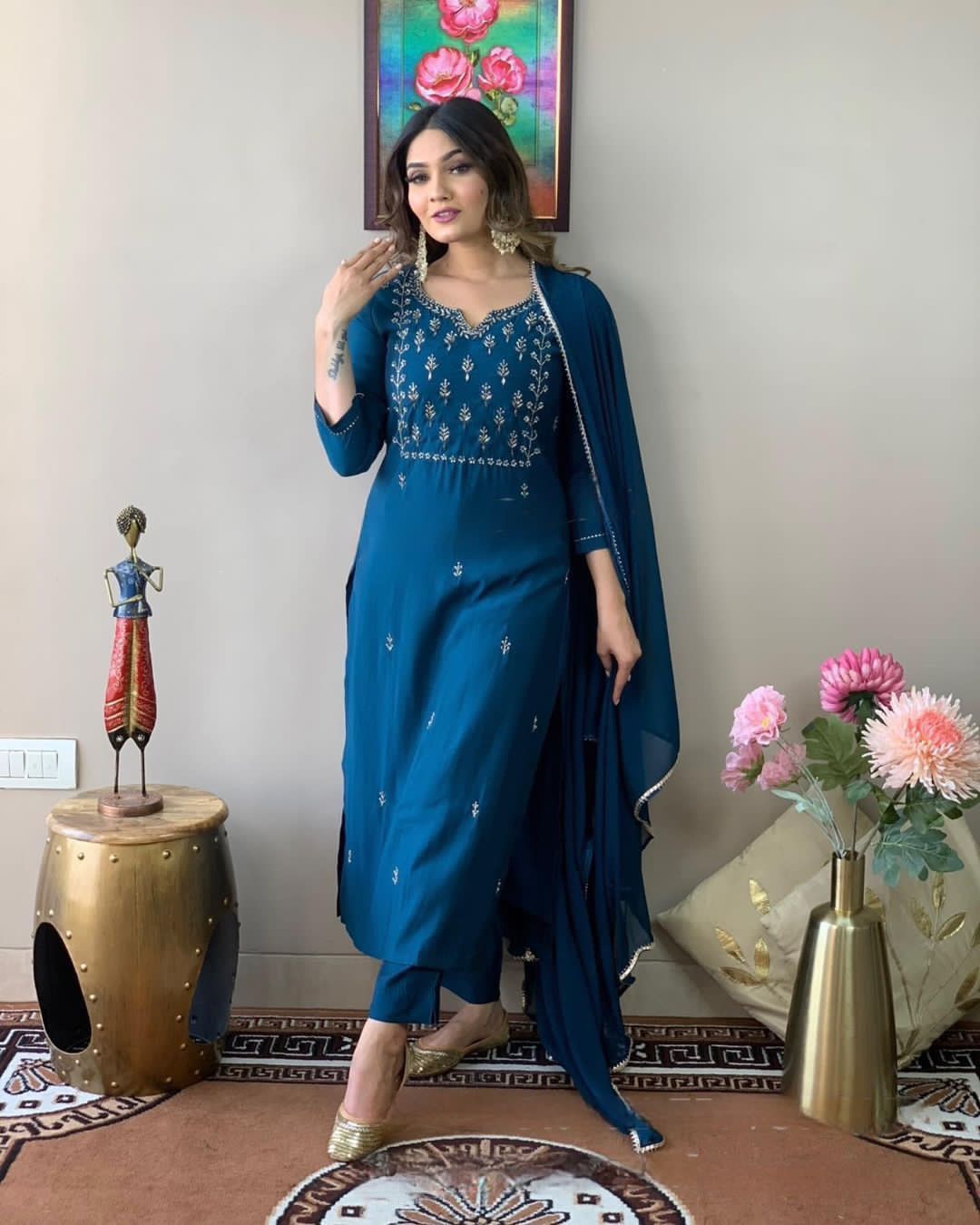 New Latest Embroidered Rayon Slub Suit Set with Pure Chinon Dupatta