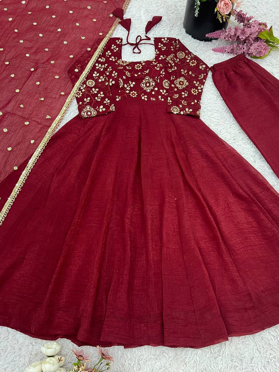 Premium Women’s Ethnic Wear Crunchy Silk Gown Set with Embroidered Dupatta & Matching Pant