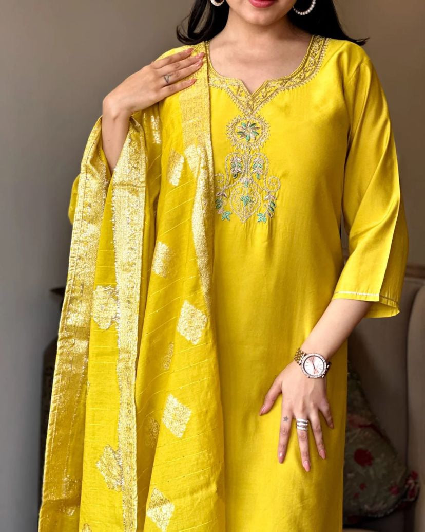 Graceful Ethnic Wear Embroidered Viscose Chanderi Suit Set with Jacquard Dupatta – 3-Piece