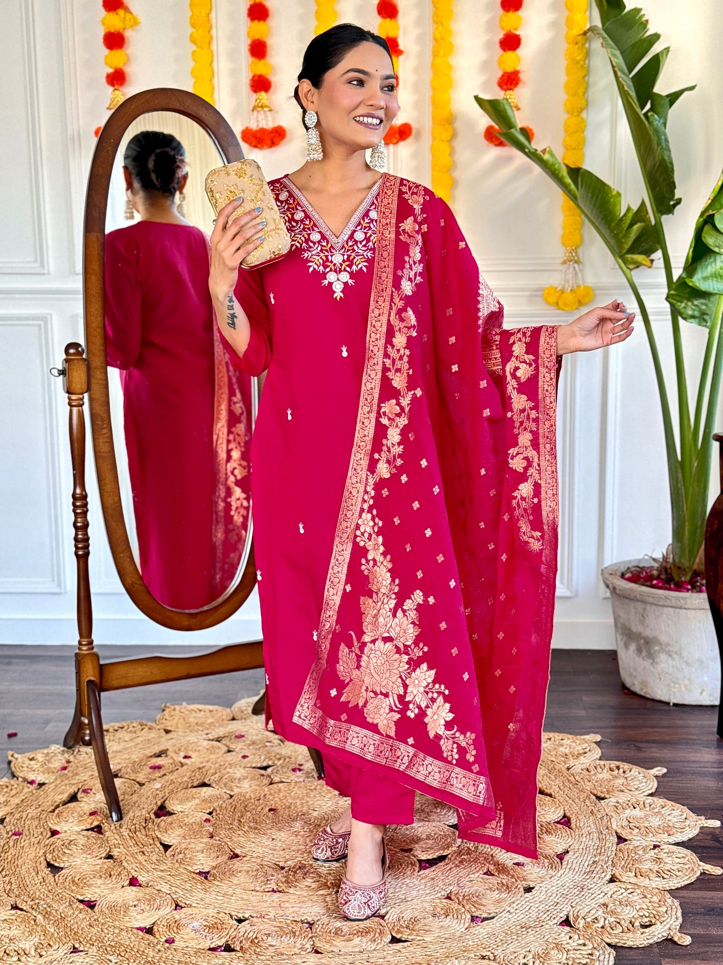 Embroidered Viscose Chanderi Suit Set with Nylon Jacquard Dupatta – 3-Piece Elegant Ethnic Wear