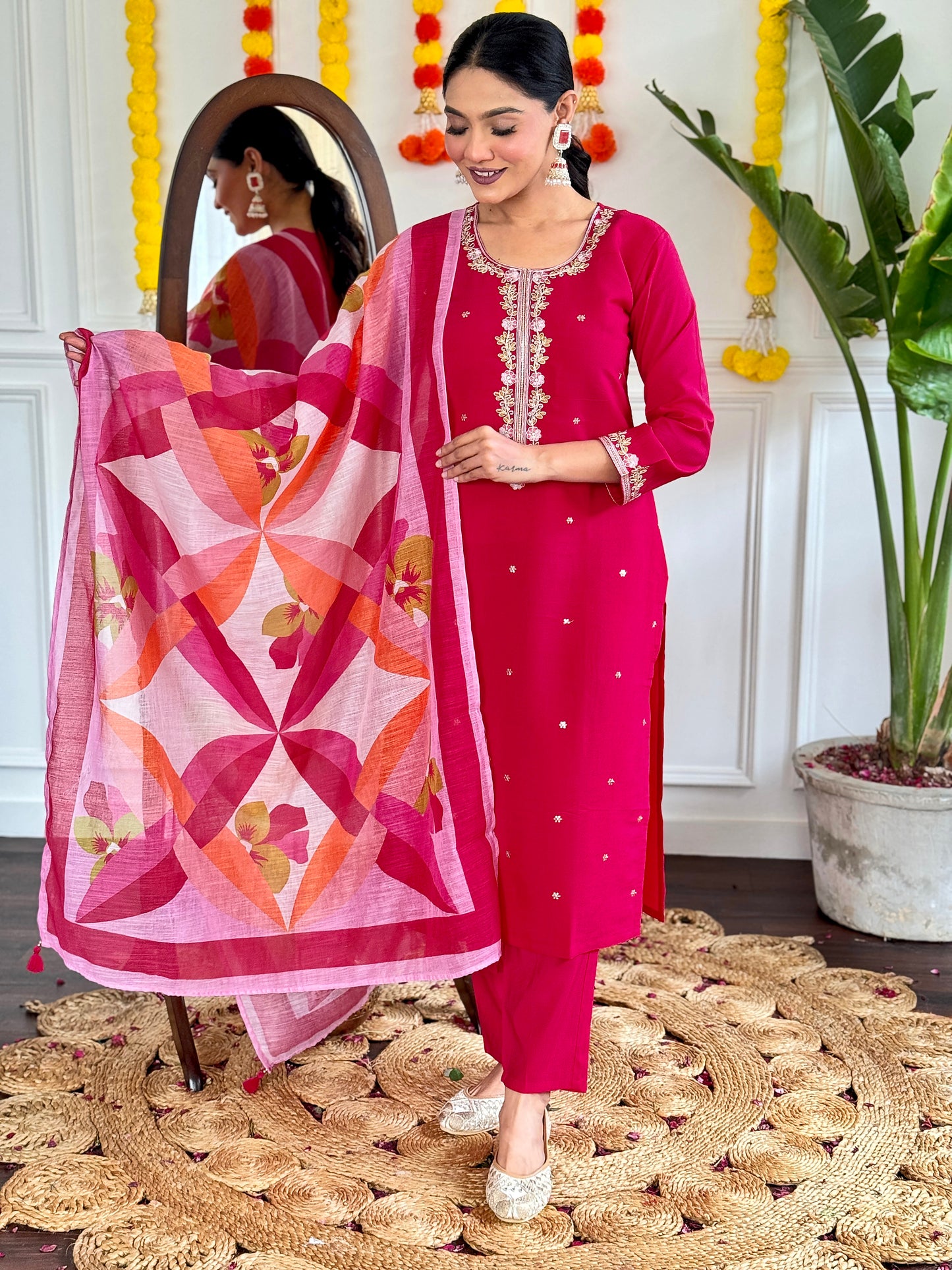 Premium Chanderi Embroidered Suit Set with Pure Linen Dupatta – New Arrival