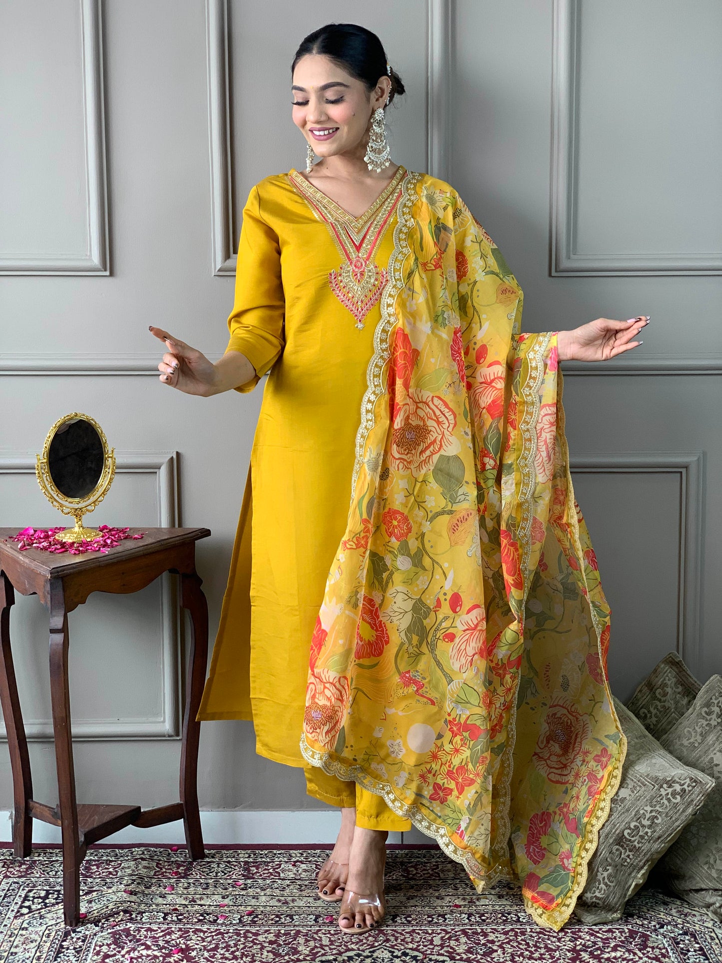 New Stylish Chanderi Embroidered Suit Set with Organza Dupatta