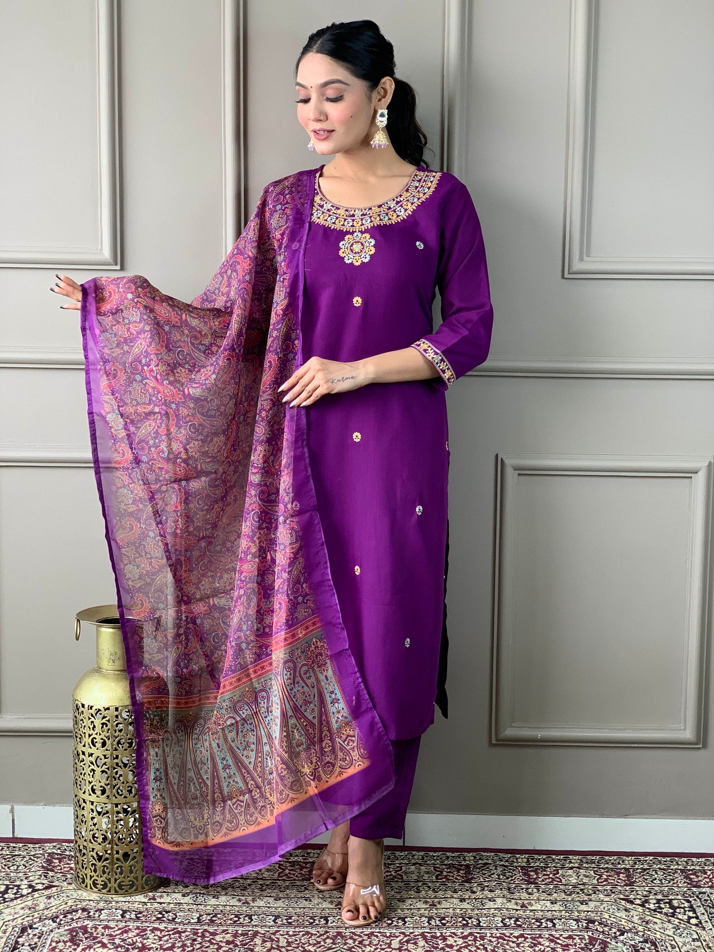 Ready-to-Wear Embroidered Rayon Set with Matching Organza Dupatta