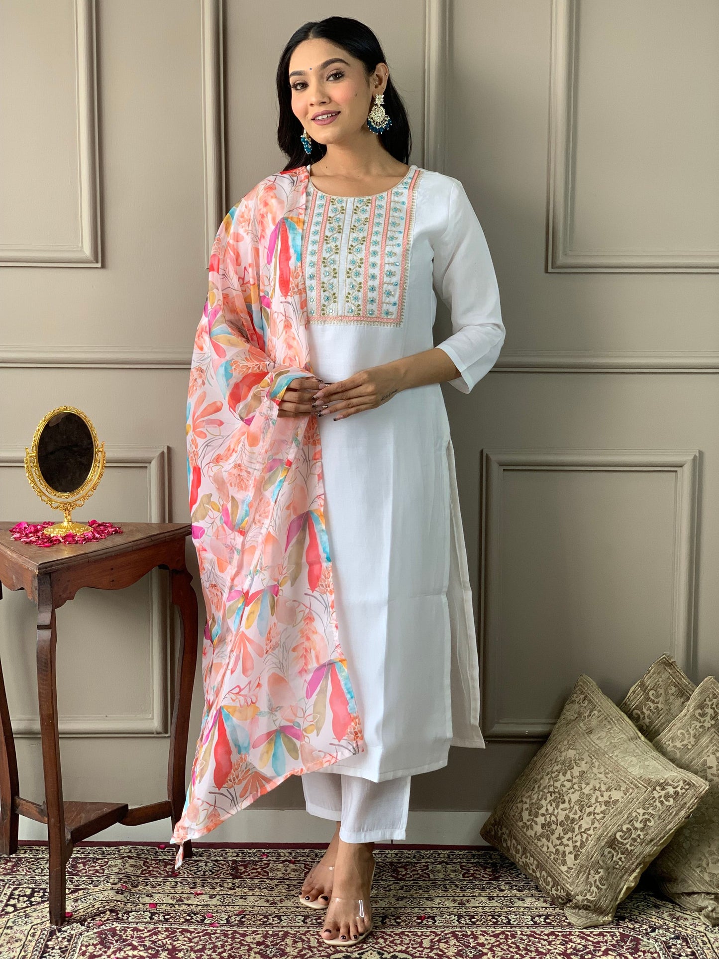 Minimalist White Embroidered Suit Set with Chanderi Fabric & Teby Dupatta