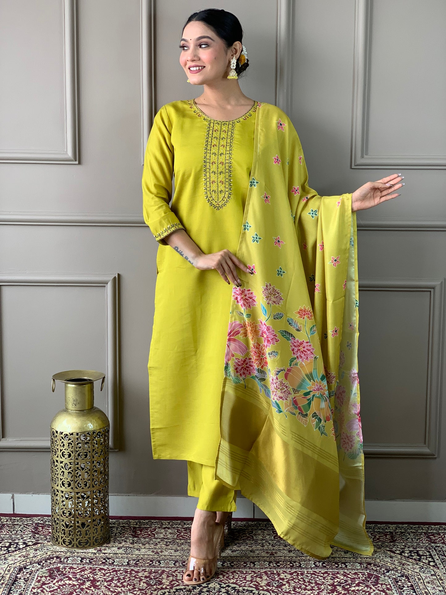 Stylish Viscose Chanderi Suit Set for Women – Round Neck & Embroidered Dupatta